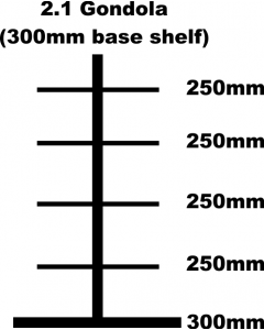 Gondola Bay, 2.1m High with 300mm Base Shelf and 4 x 250mm Shelves Each Side 